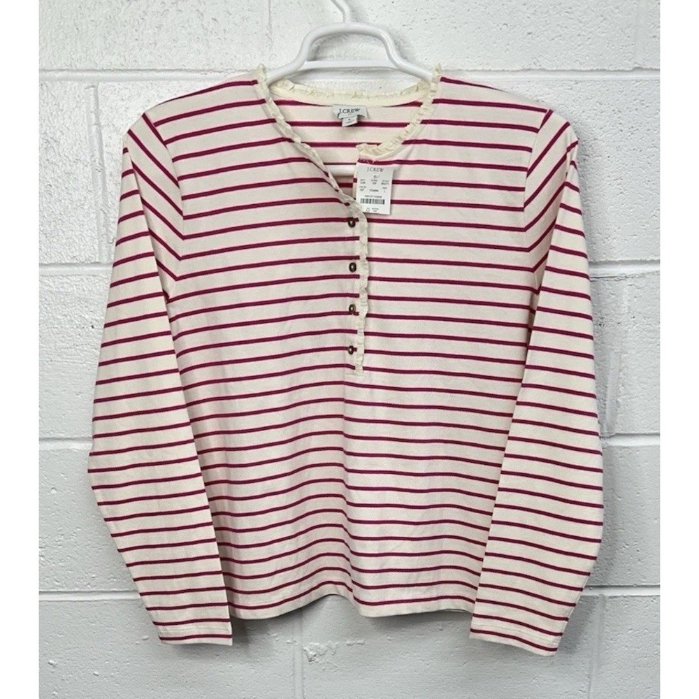 NWT J.CREW Striped Ruffle-Collar Henley Top BS211 Pink White / Large